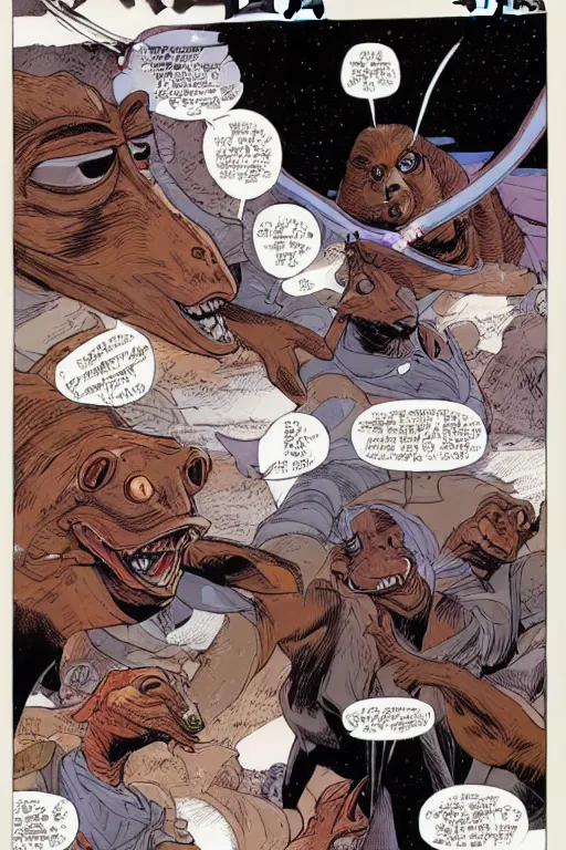 Prompt: [a fight between Macron and JarJar Binks, 4k, HD, high quality, art by Moebius]