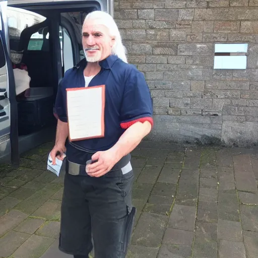 Image similar to real life geralt of rivia working as a postman