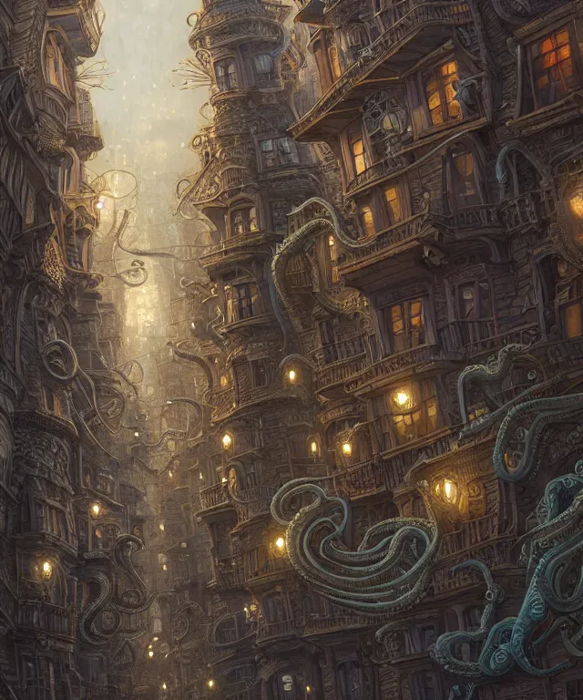 Prompt: street view of a city made of tentacles, fantasy, intricate, elegant, highly detailed, digital painting, artstation, concept art, matte, sharp focus, illustration, art by keith thompson and christopher lane