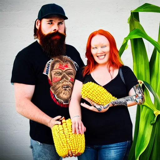 Prompt: photo of a redheaded woman and a man with a thick dark beard and tattoos. They are holding a giant corn with a babies face