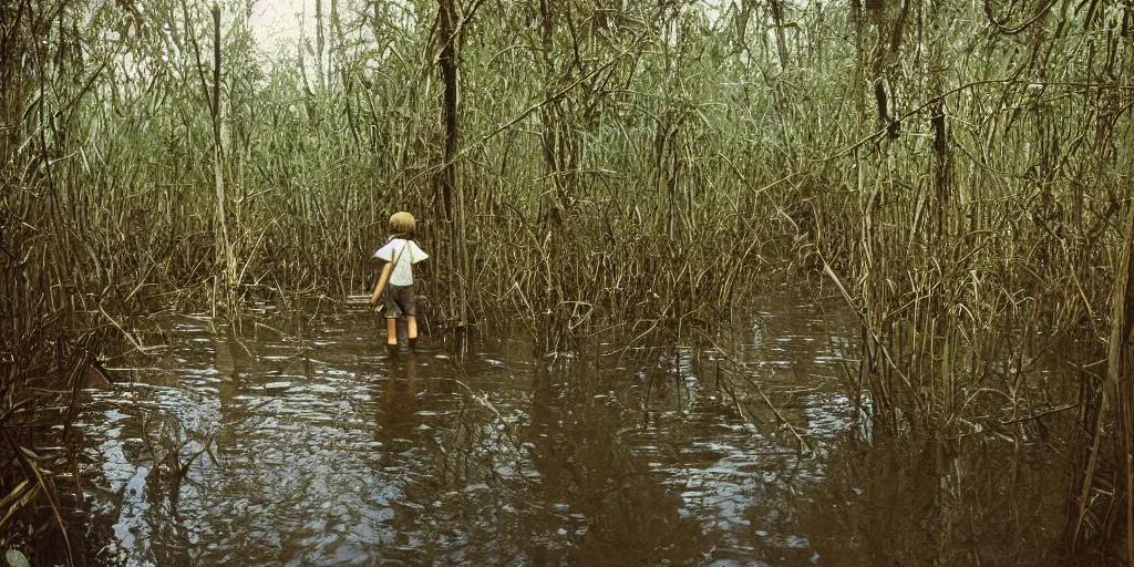 Prompt: A young explorer walking alongside a channel of water in a dense swamp, Kodachrome color film, grainy, film grain