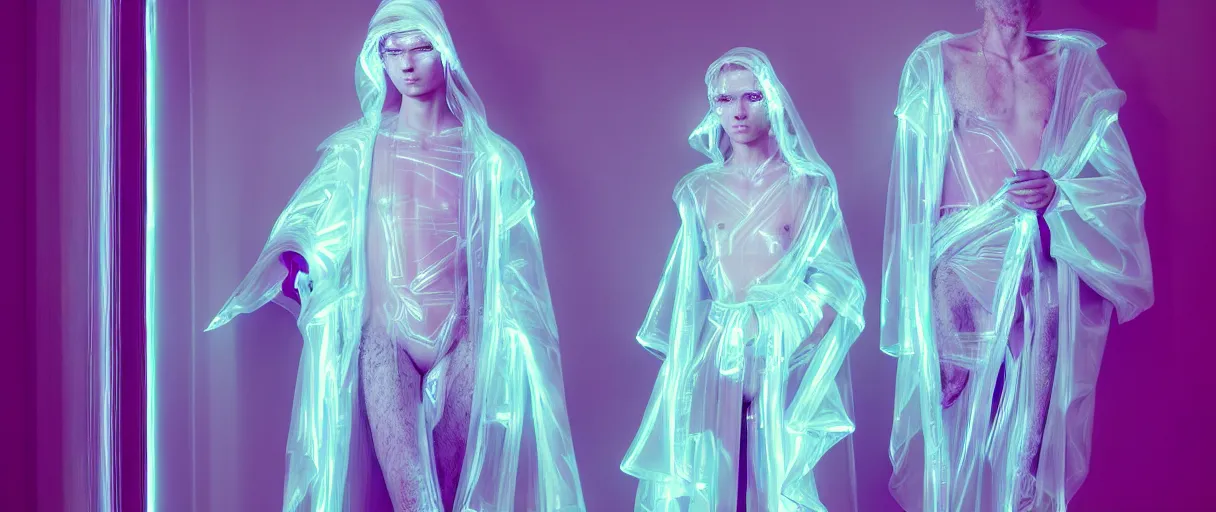 Image similar to hyperrealist highly detailed neo-baroque portrait of obscure high fashion warrior, intricate geometric translucent transparent see-through silk robes, concept art pascal blanche dramatic neon lighting 8k wide angle shallow depth of field