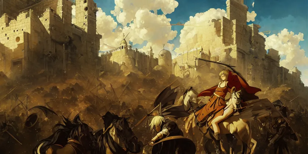 Image similar to baroque oil painting, anime key visual environment concept art, anime maids fighting a crusade in jerusalem, brutalist dark fantasy, trending pixiv fanbox, rule of thirds golden ratio, detail acrylic palette knife, illustrated by hayao miyazaki makoto shinkai jamie wyeth greg rutkowski chiho aoshima