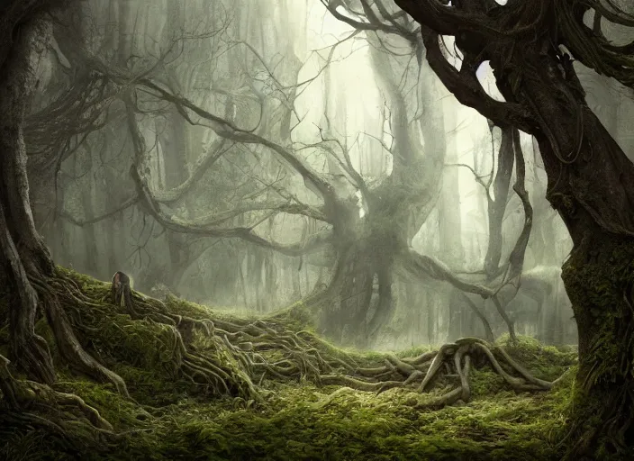 Image similar to secret garden, fallen tree, dark, scary, in the style of pan's labyrinth movie, hyperrealistic, coherent composition, concept art, matte painting, artstation, caspar friedrich, wlop