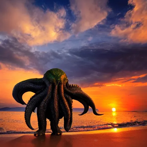 Image similar to Cthulhu photobombing a romantic selfie on a beach sunset