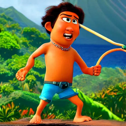 Prompt: maui character in the style of pixar, sitting on a volcano edge, fishing in the ocean