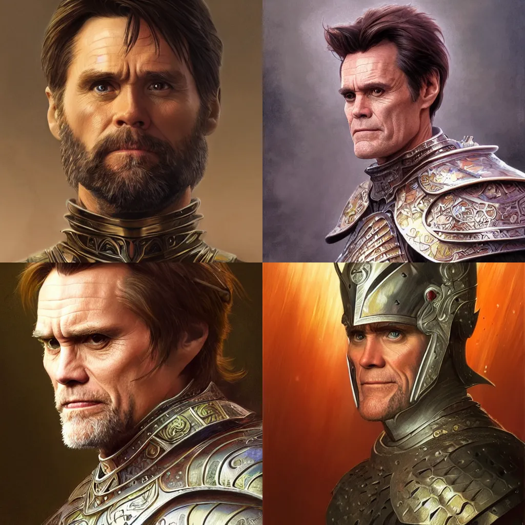 Prompt: portrait of Jim Carrey wearing armor, D&D, fantasy, elegant, intricate, headshot, highly detailed, digital painting, artstation, concept art, sharp focus, illustration, art by artgerm and greg rutkowski and alphonse mucha