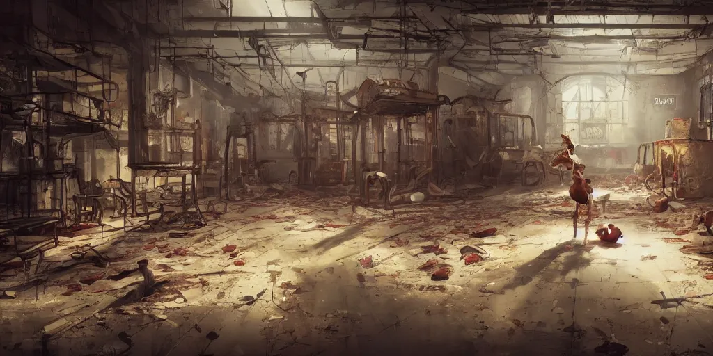 Image similar to Inside of an abandoned toy factory with running furry human-sized scary toys, dramatic, interior, artstation, horror game, digital art made by Stanley Artgerm Lau, WLOP, Rossdraws, James Jean, Andrei Riabovitchev, Marc Simonetti, Yoshitaka Amano, ArtStation, CGSociety