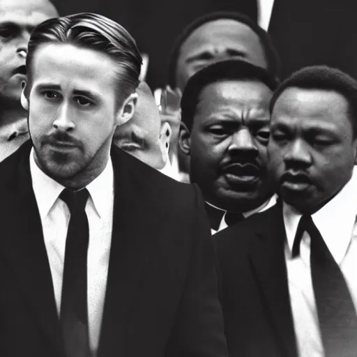 Image similar to a still of ryan gosling playing martin luther king in a biopic surrounded by civil rights leaders, 4 k, film footage, highly detailed, screencap