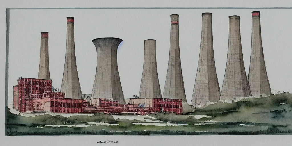Prompt: a high quality architectural watercolor of art deco atomic power station, unframed, no frame