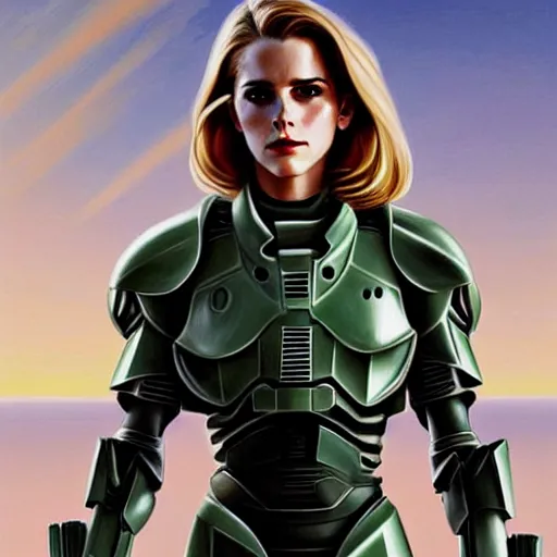 Image similar to A combination of Emma Watson's and Grace Kelly's and Ashley Greene's appearances with blonde hair wearing Master Chief's armor, angular, full body portrait, futuristic, dramatic, fantasy, intricate, elegant, highly detailed, digital painting, artstation, concept art, matte, sharp focus, illustration, art by Donato Giancola and James Gurney