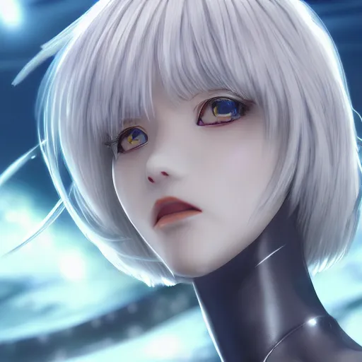 Image similar to Highly Detailed face of Rei Ayanami female anime character, technological big shiny silver liquid chrome rings, inside an otherworldly planet, closed eyes, silky thick gorgeous clean hair flowing on the wind, shot from the ground by Yoshiyuki Sadamoto, otherworldly experimental environment concept, digital art, trending on artstation, low level, 4K UHD image, octane render, Howl's Moving Castle, tranquil divine observer Nymph by ismail inceoglu nicola samori dragan bibin hans thoma greg rutkowski Alexandros Pyromallis Nekro, Jeffrey Smith, Surrealism, Rene Margitte illustrated, official anime key media, 8k, Sharp, zdzisław beksiński, highly detailed