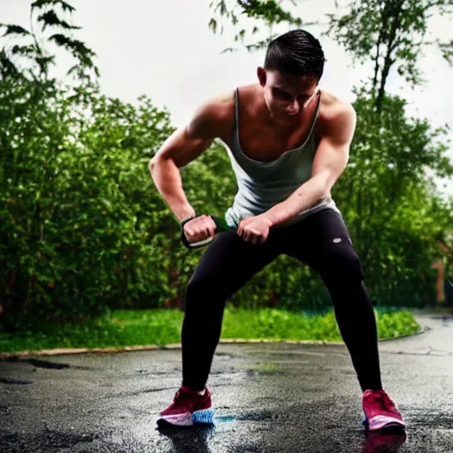 Image similar to a handsome young man working out in the rain, cyborg, photo, cybernetic implants