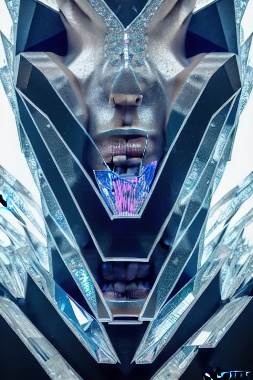 Prompt: hyperrealism, dreamland of chinese, ghost, sharp, slender and densely arranged teeth, futuristic, art deco, expressive, dystopian, cyberpunk, mecha, halfturn portrait of a big crystal face made of crystals half - turn, ominous, intricate, oc rendered, concept art, 4 k, sharp focus