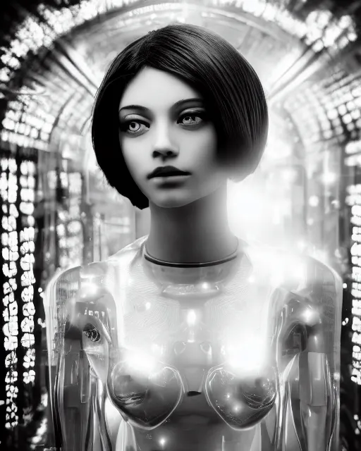 Image similar to black and white dreamy young beautiful female artificial intelligence, metropolis, cinematic, rim light, bokeh, photo - realistic, elegant, high detail, 8 k, masterpiece, photo taken in 1 9 3 0