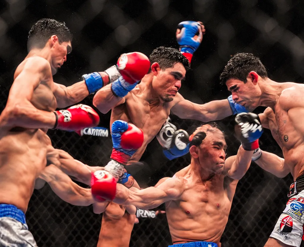 Prompt: chito vera knocks out dominick cruz via headkick, by annie leibovitz and steve mccurry, natural light, detailed face, canon eos c 3 0 0, ƒ 1. 8, 3 5 mm, 8 k, medium - format print