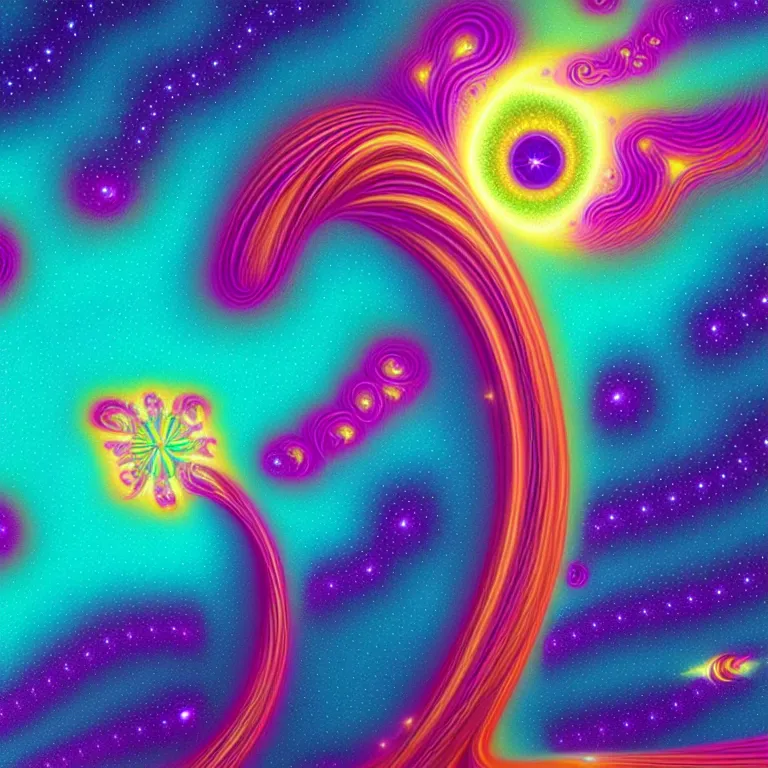 Image similar to cosmic girl, 2 0 yo, medium close - up, infinite fractal waves, bright neon colors, highly detailed, cinematic, panoramic, tim white, michael whelan, roger dean, bob eggleton, philippe druillet, vladimir kush, kubrick, alfred kelsner, boris vallejo