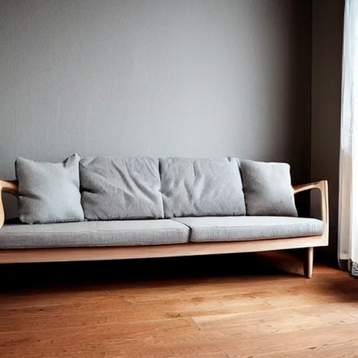 Prompt: wooden sofa, square cushions, studio lighting, scandinavian design, minimalist