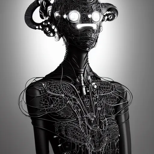 Prompt: portrait of an absurdly beautiful, graceful, sophisticated, fashionable black cyberpunk mechanoid gravure idol, ultrafine hyperdetailed illustration by irakli nadar, matt wisniewski style, marvel comics, intricate linework, porcelain skin, neon jellyfish headdress, ivory carved ruff, unreal engine 5 highly rendered, global illumination, radiant light, detailed and intricate environment