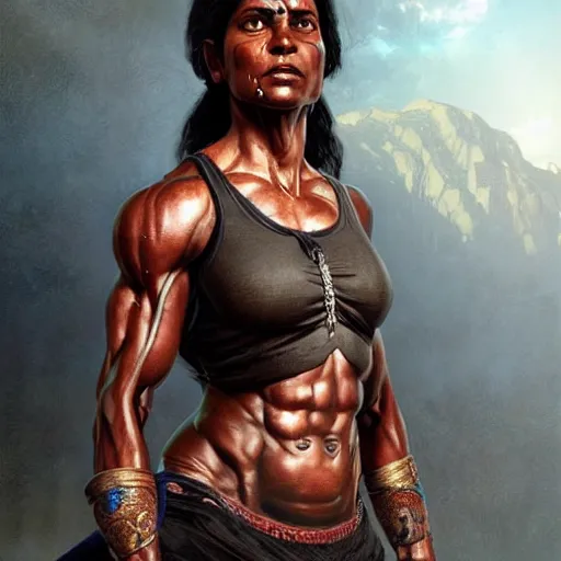 Image similar to black muscular bloodied indian middle aged woman doing push ups, ultra realistic, concept art, intricate details, highly detailed, photorealistic, octane render, 8 k, unreal engine. art by artgerm and greg rutkowski and alphonse mucha