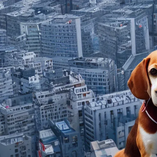 Image similar to gigantic 1 0 0 meters beagle dog attacking a city, epic cinematic, 4 k, very high detail