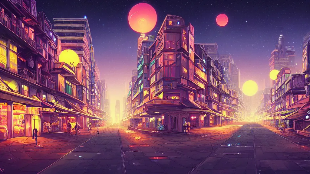 Image similar to the city street looking towards the spaceport at night by cyril rolando and naomi okubo and dan mumford