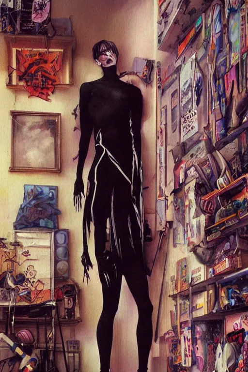 Image similar to a skinny goth guy standing in a cluttered 9 0 s bedroom, full body character concept art, vaporwave colors, karol bak art,