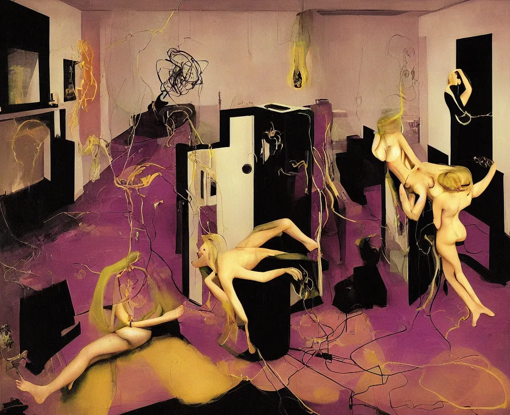 Image similar to One man and one woman attached by love in a living room of a house, floating dark energy surrounds the middle of the room. There is one living room plant to the side of the room, surrounded by a background of dark cyber mystic alchemical transmutation heavenless realm, cover artwork by francis bacon and Jenny seville, midnight hour, part by adrian ghenie, part by jeffrey smith, part by josan gonzales, part by norman rockwell, part by phil hale, part by kim dorland, palette knife texture, smudged paint, muted cold colors, artstation, highly detailed