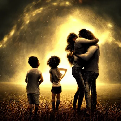 Image similar to A family hugging each other for the last time as the world is ending, meteors are falling from the sky, everything is on fire, dramatic lighting, digital art, very very very very very very beautiful, 8K, dark lighting, trending on Artstation, award winning