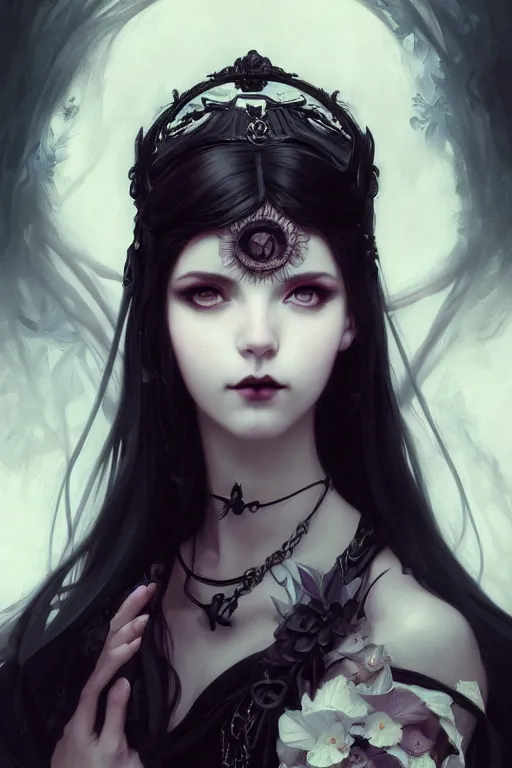 Image similar to portrait of radical lolita girl, dreamy and ethereal, dark eyes, peaceful expression, ornate goth dress, dark fantasy, chaotic, elegant, black crows flying, highly detailed, digital painting, artstation, concept art, smooth, sharp focus, illustration, art by artgerm and greg rutkowski and alphonse mucha