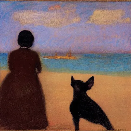 Image similar to a woman and her black and brown chihuahua looking out to sea by odilon redon