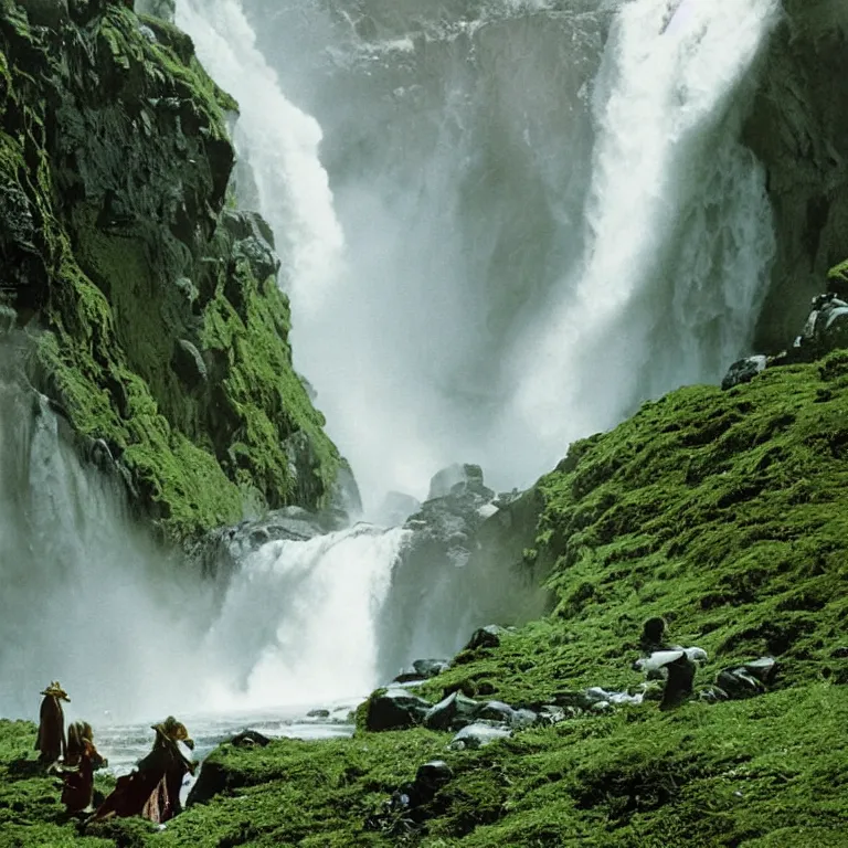 Image similar to bright 1 9 7 0's artistic technicolor spaghetti western film, a large huge group of women in a giant billowing wide long flowing waving shining bright white dresses made of white smoke, standing inside a green mossy irish rocky scenic landscape, huge waterfall, volumetric lighting, backlit, atmospheric, fog, extremely windy, soft focus