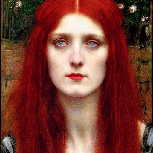 Prompt: A striking Pre-Raphaelite witch with intense eyes and bright red hair, by John Collier, by John William Waterhouse