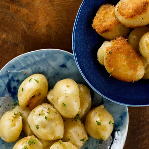 Prompt: a plate of fried pelmeni with a side of fried chopped potatoes