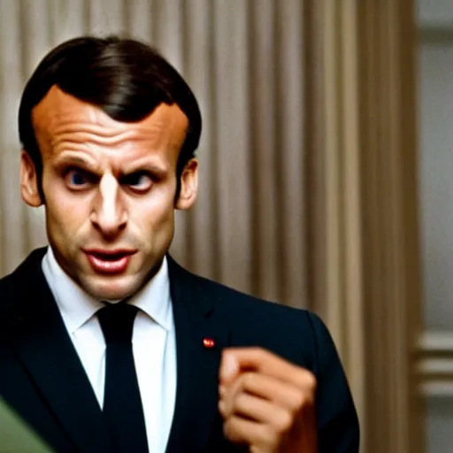 Prompt: Emmanuel Macron crying in American Psycho (1999)