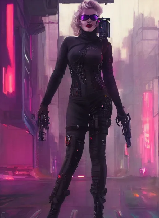 Prompt: Feminist Marilyn Monroe. Cyberpunk assassin in tactical gear. blade runner 2049 concept painting. Epic painting by James Gurney, Azamat Khairov, and Alphonso Mucha. ArtstationHQ. painting with Vivid color. (rb6s, Cyberpunk 2077)