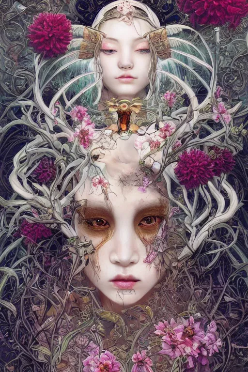 Image similar to breathtaking detailed concept art painting of the goddess of death moth, orthodox saint, with anxious, piercing eyes, ornate background, amalgamation of leaves and flowers, by Hsiao-Ron Cheng, James jean, Miho Hirano, Hayao Miyazaki, extremely moody lighting, 8K