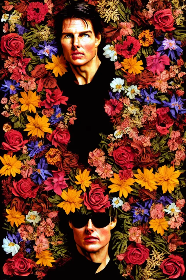 Image similar to bizarre surreal renaissance portrait of tom cruise as a box made out various flowers, dramatic cinematic lighting, bold colors, 8 k, beautiful intricate painting