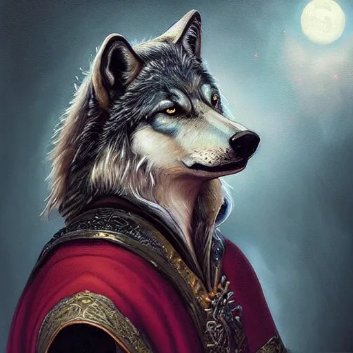 Image similar to “an oil painting portrait of a wolf wearing medieval royal robe and an ornate crown on a dark nebula background” digital Art, concept Art, highly detailed, 3-D 4K, trending on art station, Award winning, Mark Brooks,