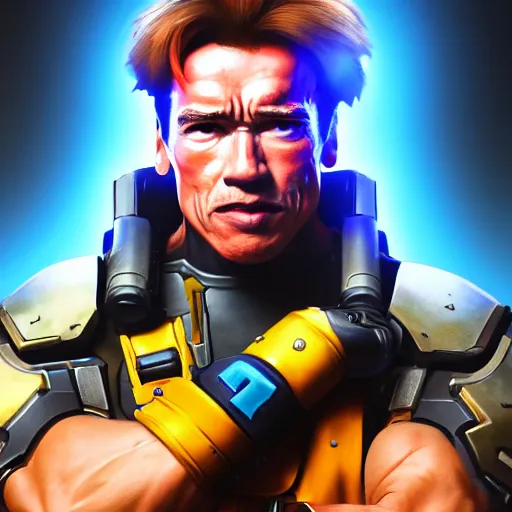 Image similar to a screenshot of arnold schwarzenegger as tracer in overwatch, portrait, fantasy, beautiful face, vivid colors, elegant, concept art, sharp focus, digital art, hyper - realistic, 4 k, unreal engine, highly detailed, hd, dramatic lighting by brom, trending on artstation