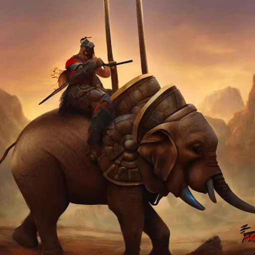 Image similar to a warrior with warhammers as weapons on a war elephant riding into battle. artstation , 4k detail, digital art