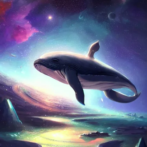 Prompt: space magical whale, galaxy whale, epic fantasy style art, galaxy theme, eyes, by Greg Rutkowski, hearthstone style art, 99% artistic