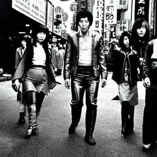 Image similar to 1 9 7 0 s japanese tv show, bw, sci - fi, tsukamoto, mechanical inhuman monsters walking the streets of shinjuku,