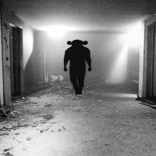 Prompt: hi - 8 night vision camera found - footage of a barely visible, bipedal minotaur with shrouded in darkness at the end of an extremely dark hallway in a basement of an abandoned house