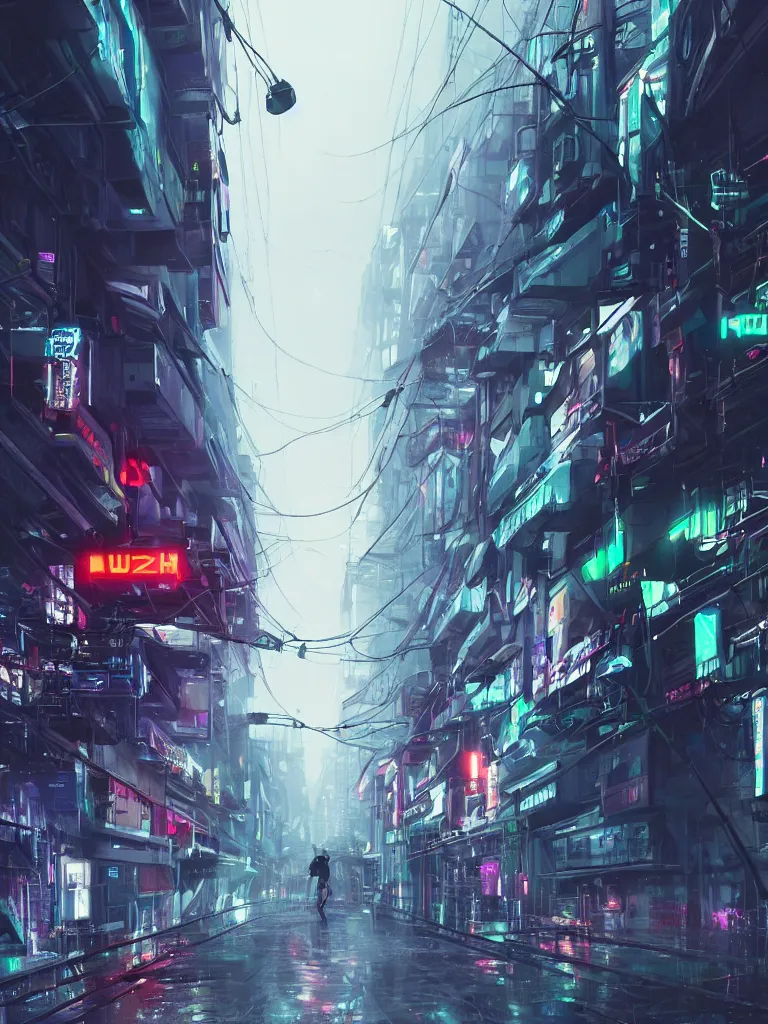 Prompt: neonpunk street, hanging cables, narrow, garbadge on the ground. rain. fog, haze, evening. led screens. very messy. futuristic. photorealistic. artstation. anime