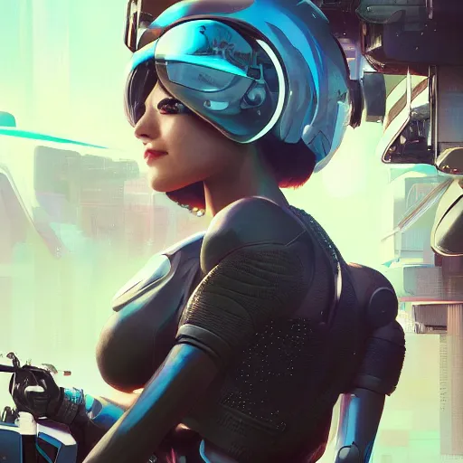 Prompt: a futuristic girl with a robot chip in the side of her head riding a motorbike, highly detailed, trending on artstation, 8 k resolution, ultra detailed, cyberpunk, retrowave, by wlop, greg rutkowski
