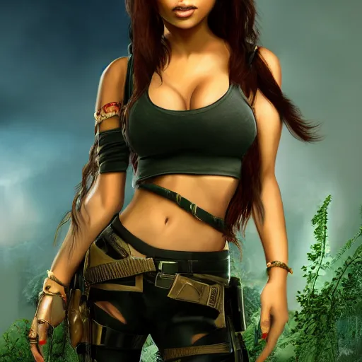 Prompt: portait princess haifa wehbe as lara croft, centred, very long hair, hd, unreal engine, art digital painting, amazing background theme