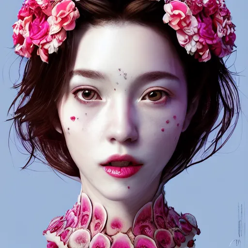 Image similar to the face of absurdly beautiful, graceful, elegant, sophisticated, sensual mature gravure idol made of strawberries and white pink petals with tears, an ultrafine hyperrealistic photograph by kim jung gi, irakli nadar, intricate linework, bright colors, octopath traveler, final fantasy, unreal engine highly rendered, global illumination, radiant light, intricate environment