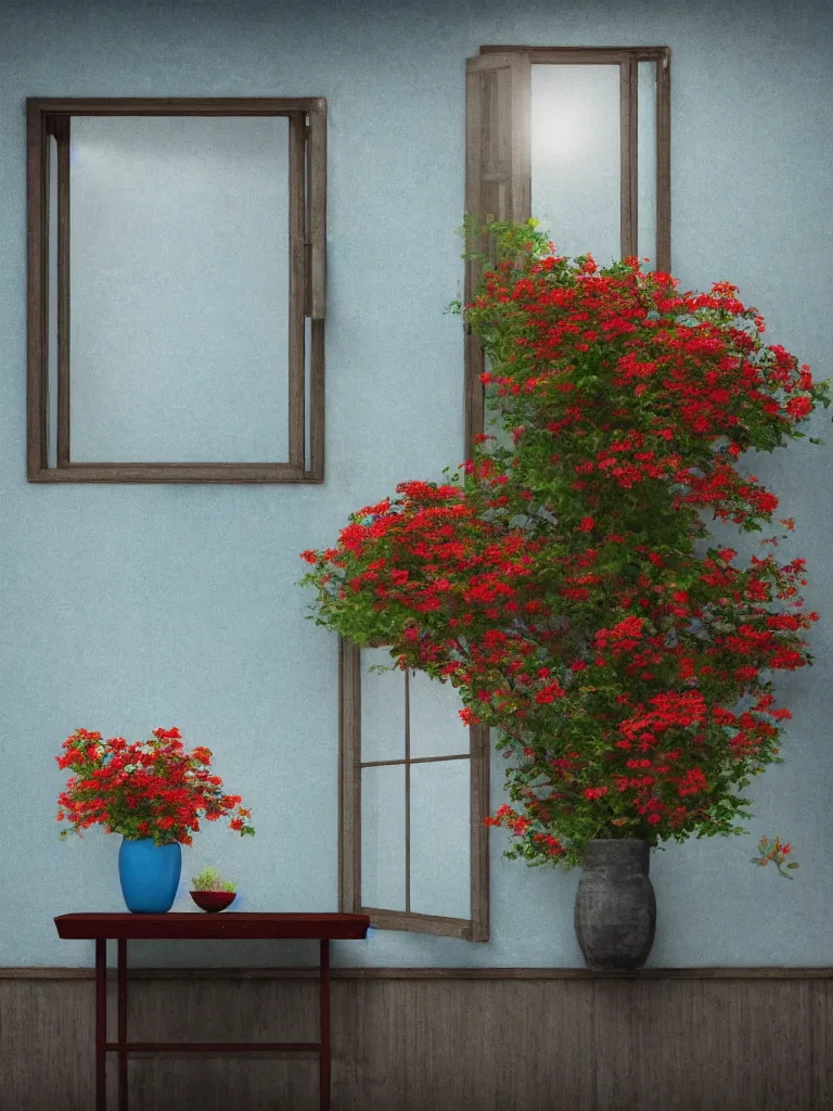 Image similar to a single old house window with a vase of red flowers with view to a sunrise, blue wall, a wooden chair near the window, concept art, octane render, unreal engine 5, trending on deviantart, highly detailed, high quality, hd, digital painting, masterpiece, geometric, symmetrical, low contrast, beautiful, high coherence, natural lighting, intense lighting