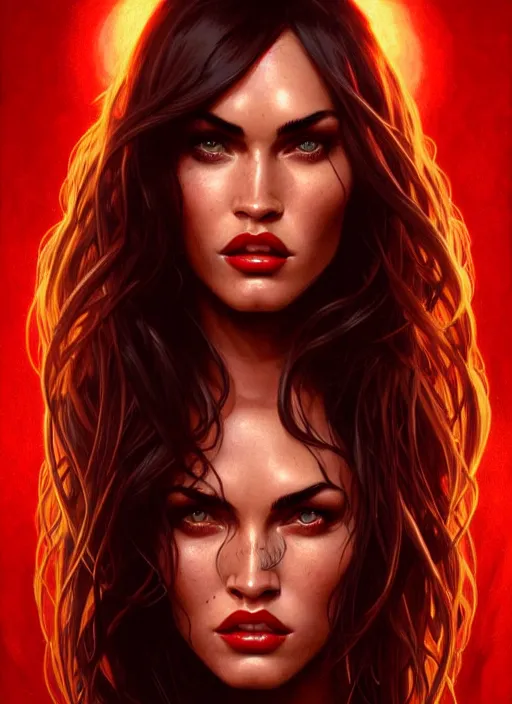 Image similar to portrait of megan fox as devil, red skin, batwings, hell, intricate, headshot, highly detailed, digital painting, artstation, concept art, sharp focus, cinematic lighting, illustration, art by artgerm and greg rutkowski, alphonse mucha, cgsociety